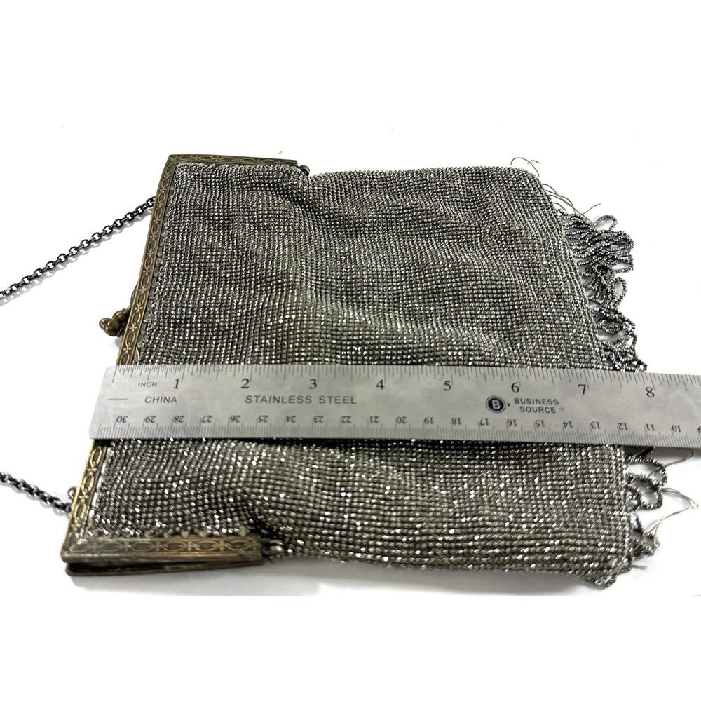 Antique Art Deco Silver Tone Mesh Evening Purse Beaded Fringe Chain Handle 1920s - Picture 6 of 11